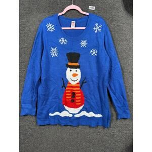 Holiday Time Sweater Womens 3X Blue Snowman Ugly Christmas Pullover Plus Sparkle
